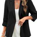 ELLEVEN Women's Linen Blazer 3/4 Ruched Sleeves, Lightweight Slim Fit Jackets with Pockets Half Lining (Black, Small)