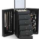 Meangood Jewelry Box Wood for Women, 6-Layer Large Organizer Box with Mirror & 5 Drawers for Rings, Earrings, Necklaces, Vintage Style, Black