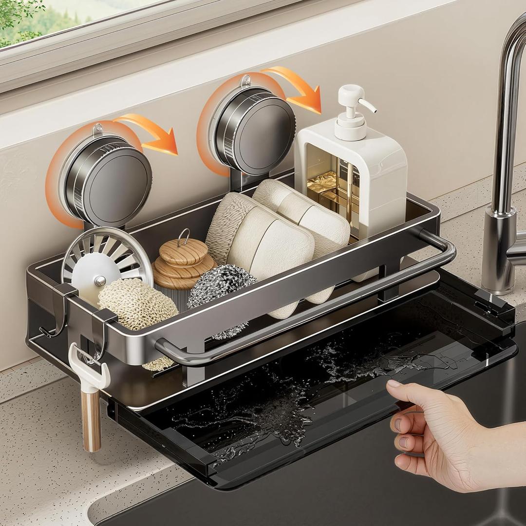 vorona Sponge Holder for Kitchen Sink with Suction Cup, Rustproof Stainless Steel Sink Caddy with Removable Drain Pan for Kitchen Countertop Accessories & Storage