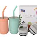 Double walled Insulated Smoothie cups for kids | Toddler Cups with Straws | Set of 2 Straw Sippy Cup | Stainless steel baby cup with Thermos Lid for Hot Storage | Kids Straw Cups (Teal Ocean + Papaya)