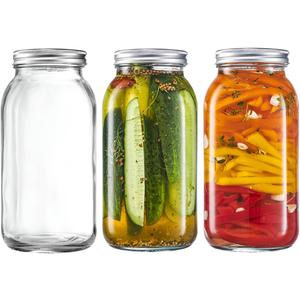 GLING [3 Count 64 oz. Wide-Mouth Glass Mason Jars with Metal Airtight Lids and Bands 2 Quart Large For Preserving, & Meal Prep
