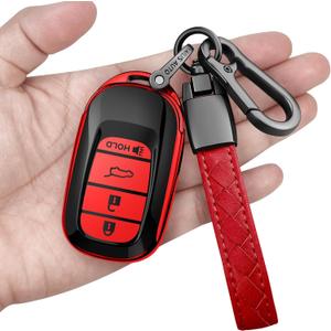 Sindeda for Honda Key fob Cover with Leather Keychain Soft TPU Full Cover Protection,for 2022 2023 2024 2025 Civic Accord HR-V Pilot CR-V,4-Buttons Key Fob Shell(Red)