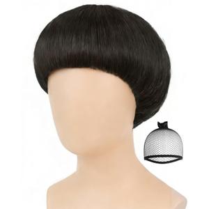 ANOGOL Hair Cap + Short Black Bowl Cut Wig Men with Bangs Black Mushroom Wigs 60s Wig Mens Funny Wigs for Movie Halloween Cosplay Costume Party Christmas
