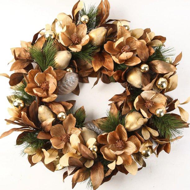 BINFEN 24" Winter Wreaths for Front Door, Gold-Brown Leaves Balls Pears Magnolia Flowers Christmas Wreath, Door Reef for Windows Fireplaces Walls, Front Porch Indoor and Outdoor Decor