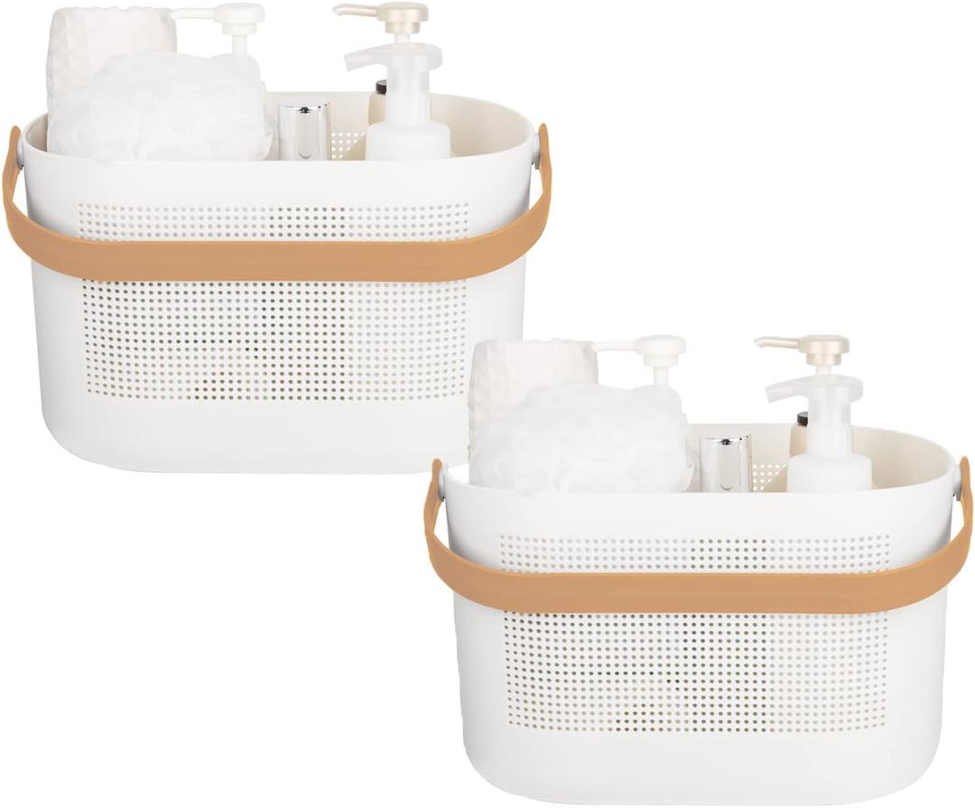 UUJOLY Plastic Storage Baskets with Handles, Shower Caddy Shelf Organizers Basket for Bathroom, Kitchen, Dorm Room, Yellow, 2 Pack