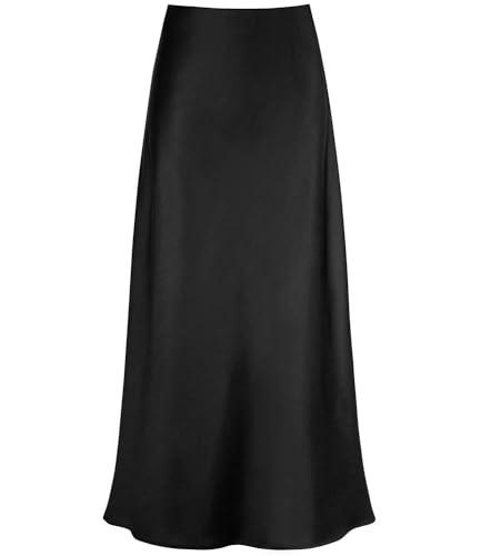 Outoshe Women's Satin High Waisted Maxi Skirts Hidden Elasticized Waistband A Line Long Skirt Black, 2XL