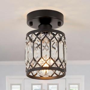 Crystal Black Ceiling Lights Modern Semi Flush Mount Ceiling Light Fixture,Farmhouse Rustic Chandelier for Entryway Porch Aisle Corridor Balcony