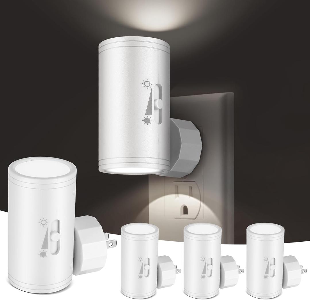 4 Pack LED Wall Plug-in Night Light with Dusk to Dawn Sensor, 5000K Daylight White, Dimmable 0-300LM, Adjustable Rotating Lamp for Bedroom, Bathroom, Kitchen, Hallway (Auto On/Off, Wall Outlet)