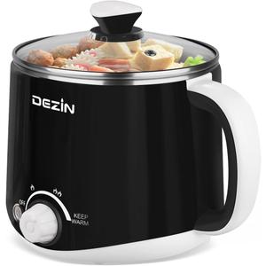 Dezin Hot Pot Electric, Rapid Noodles Cooker, Stainless Steel Electric Pot 1.6 Liter, Perfect for Ramen, Egg, Pasta, Dumpling, Soup, Porridge, Oatmeal with Temperature Control and Keep Warm Function (Black)