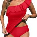 Yonique Women's Two Piece Swimsuits One Shoulder Tankini Tummy Control Bathing Suits Ruffle Swimwear.Medium.  Chili Red
