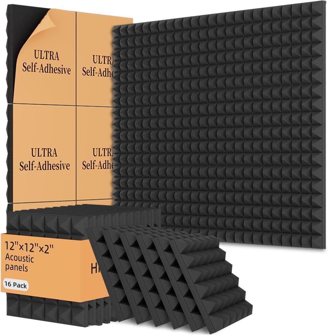 16 Pack Acoustic Foam Panels,12x12x2 inches Sound Proof Foam Panels for Walls, Fast Expand Pyramid Designed High Density Sound Panels Noise Reducing with Self-Adhesive(Black)