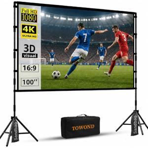 TOWOND Projector Screen with Stand, 100 inch Outdoor Projector Screen Portable Indoor Projection Screen 16:9 4K Rear Front Movie Screen with Carry Bag for Home Backyard Theater 100 inch