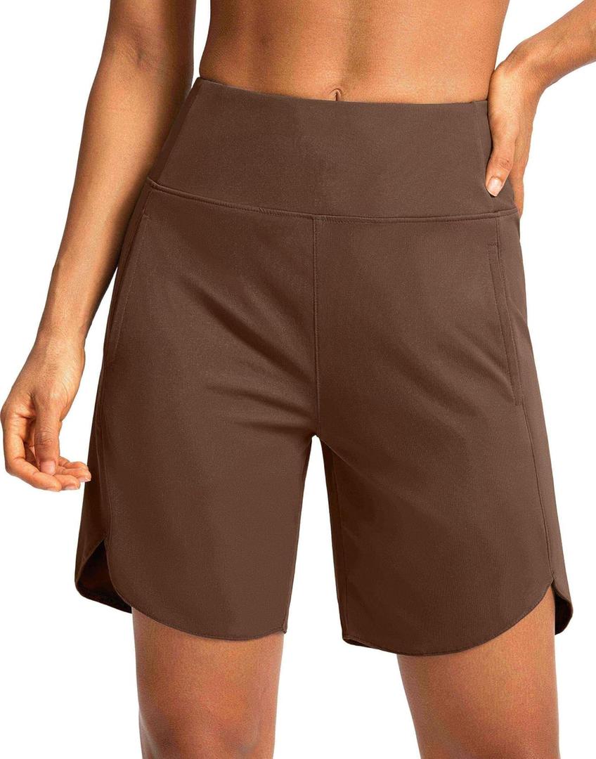 Soothfeel Women's 7" Athletic Running Long Shorts with Pockets High Waisted Bermuda Shorts for Women Workout Walking Casual (Black, M)