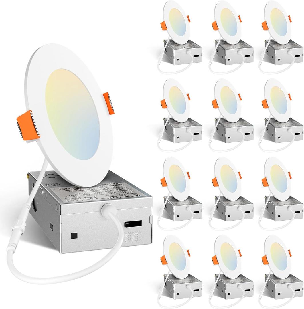 Amico 12 Pack 4 Inch 5CCT Ultra-Thin LED Recessed Ceiling Light with Junction Box, 2700K/3000K/3500K/4000K/5000K Selectable, 10W Eqv 60W, Dimmable Can Light, 800LM High Brightness Downlight - ETL&FCC