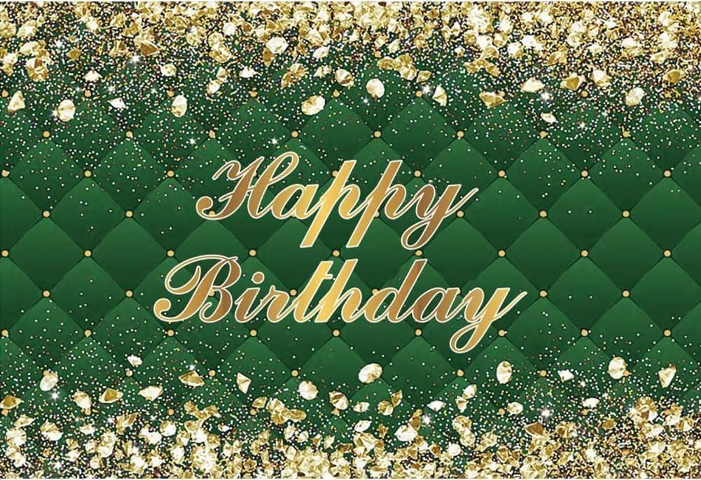 Renaiss 5x3ft Happy Birthday Backdrop Banner for Photoshoot Portrait Gold Diamonds Green Photography Background for Men Women 30th 40th 50th 60th 70th 80th Bday Party Decor Glitter Photo Booth Prop
