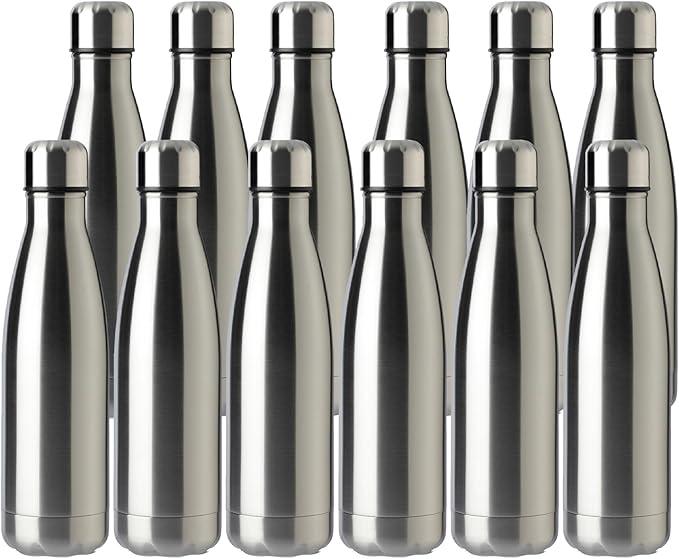 MEWAY 17oz Sport Water Bottle 8 Pack Vacuum Insulated Stainless Steel Leak-Proof Double Wall Cola Shape Water Bottle, Keep Drinks Hot & Cold (Silver, 12 Pack)