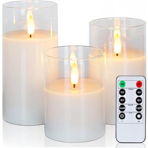 Amagic Clear Glass Flameless Candles Battery Operated with Timer, Remote Control, LED Pillar Candles, Battery Powered, Valentine's Day Decor, Pure White Wax, Set of 3