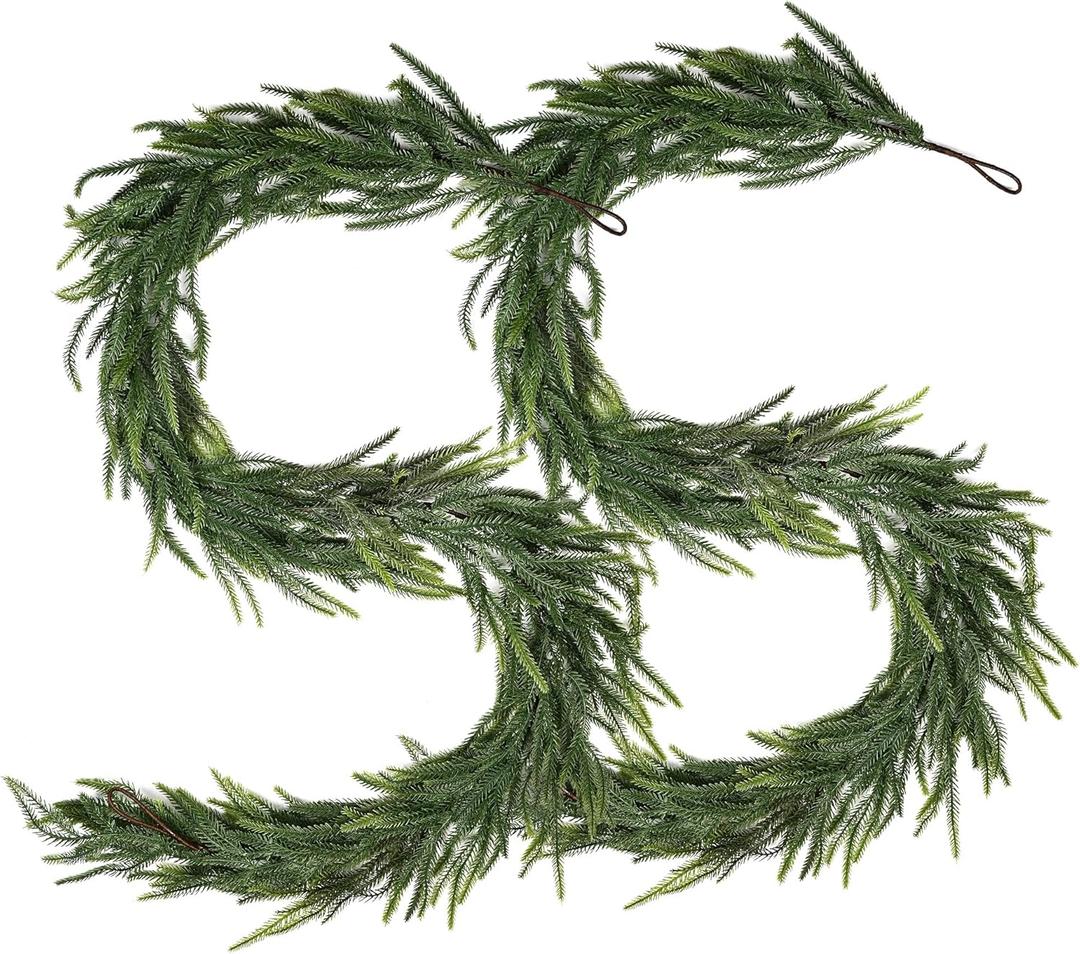2 Pcs 6FT Artificial Norfolk Pine Christmas Greenery  Realistic Winter Pine Decoration for Mantle, Fireplace, Table, Wall, Indoor Outdoor Holiday Use