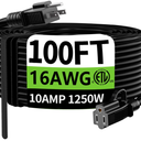 HUANCHAIN Indoor Outdoor Black Extension Cord 100 ft Waterproof, 16/3 Gauge Flexible ColdResistant Appliance Extension Cord Outside, 10A 1250W 16AWG SJTW, 3 Prong Electric Cable, ETL