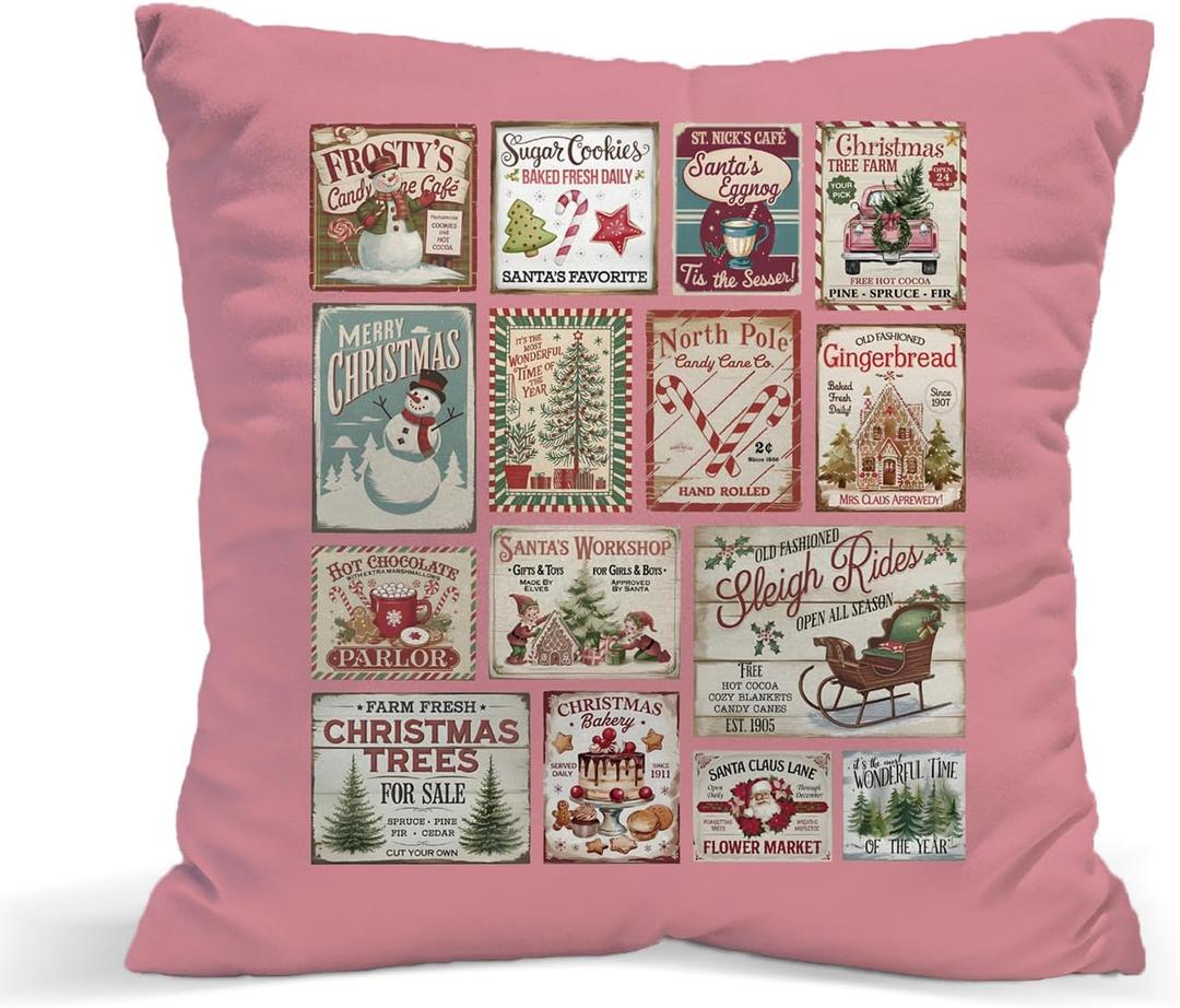 Pink Vintage Christmas Pillow Covers, Winter Holiday Pillow Covers 18x18, for Women Girls, Winter Holiday Pillows Decorative Decor Decorations Pillows for Couch Sofa