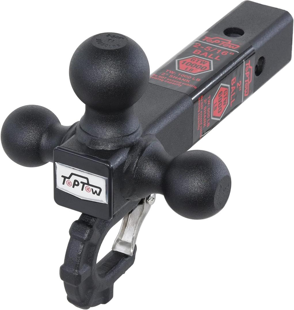 TOPTOW Trailer Hitch Tri-Ball Hitch with Hitch Balls & Beast Tow Hook Matte Black, Fits 2-inch Receiver