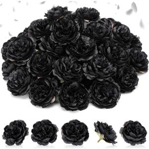 50 Pcs Artificial Flowers, 3.2 Inches Silk Rose Head Flowers Fake No Stem for Wedding Bridal Bouquet Home Floral Decor DIY Centerpieces Arrangements Party Tables Decorations(Black)