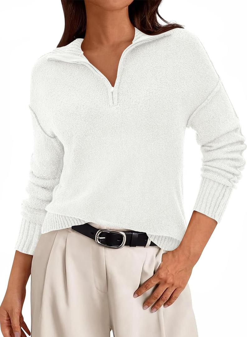 PRETTYGARDEN Women's Fall Quarter Zip Pullover Sweaters 2026 Dressy Casual Long Sleeve V Neck Collared Knit Jumper Tops (White, XL)
