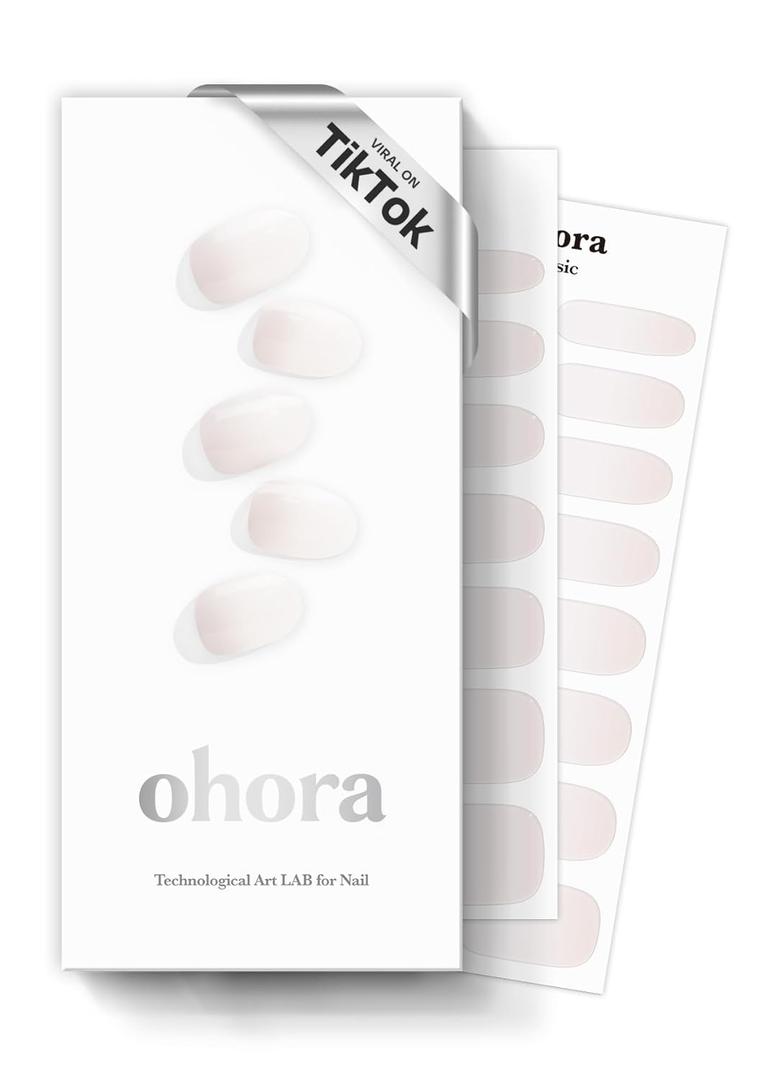 ohora Semi Cured Gel Nail Strips (N Veil) - White, Ombre, Works with Any UV/LED Lamps, Salon-Quality, Long Lasting, Easy to Apply & Remove - Includes 2 Prep Pads, Nail File & Wooden Stick