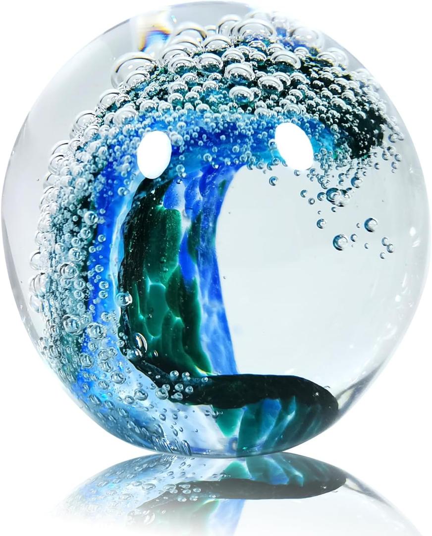 Hand Blown Glass Figurines Ball: Ocean Wave Design Glass Paper Weights, Beach Decorations for Home - Unique Ocean Themed Bathroom Decor and Gift for Ocean Lovers (Green)