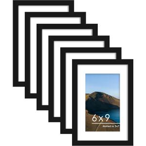 PEALSN 6x9 Picture Frames Set of 6, Display Pictures 4x6 with Mat or 6x9 without Mat for Wall Mounting or Table Top, Photo Frames Collage for Wall Decor, Black.