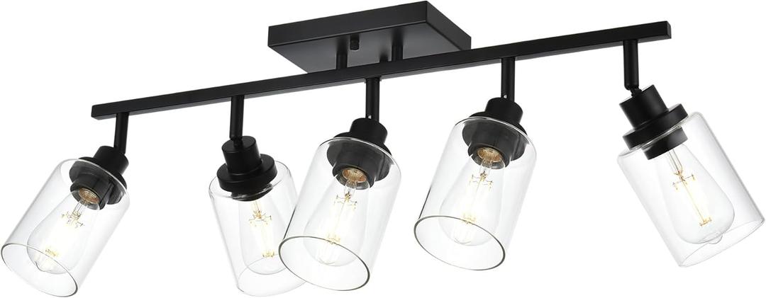 5-Light Track Lighting Kit Black Track Lighting Fixtures Bathroom Wall Sconces Ceiling Mount Kitchen Tracking Lights, Rotatable Spotlight with Clear Glass Shade for Kitchen Shop Hallway