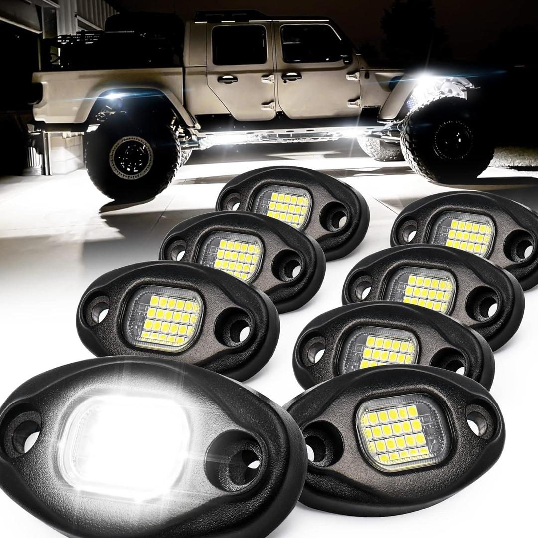 Rock Lights with 15ft Cables - IP68 Waterproof, 6000K Pure White Lights for Off-Road Trucks, Jeeps, Jeep, RV, UTV, ATV, Boat, Tractor