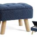 OGEMXU Storage Ottoman, Small Foot Stool Ottoman with Storage, Boucle Teddy Velvet Foot Rest with Padded Seat, Sturdy Wood Legs Stool for Living Room, Bedroom, Couch, Enterway (Dark Blue)
