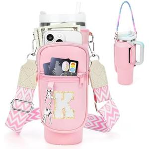 LOKASS Initial Water Bottle Holder with Strap for Stanley 40oz Tumbler Accessories, A-Z Personalized Water Bottle Carrier Bag with Phone Pocket for Stanley Cup Pouch