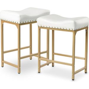 Bar Stools Set of 2, 24 Inch Gold White Counter Height Stools with Cushion, Faux Leather, Metal Frame, Modern Style Stools for Kitchen Counter Island, 24" Set of 2 with Nailhead Trim