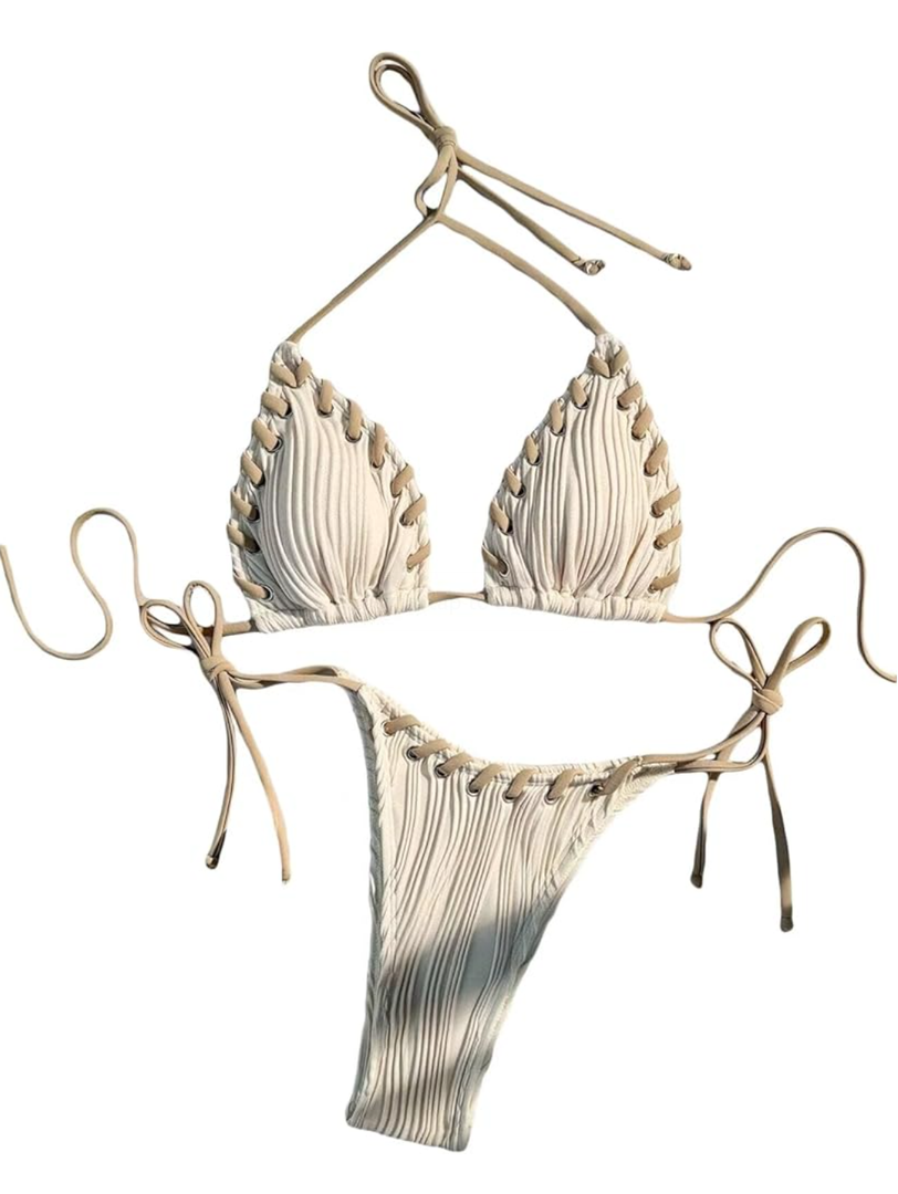 Women's High Waisted Bathing Suit Shell Decor Tie Back Swimsuit Bikini Set 2 Piece Apricot Color Size S