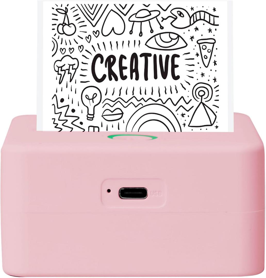 Mini Portable Thermal Printer, Bluetooth Inkless Pocket Printer with 3 Adhesive Rolls and 2 Non-Adhesive Rolls, 200 Dpi Monochrome Label, Receipt and Image Printer, Pink