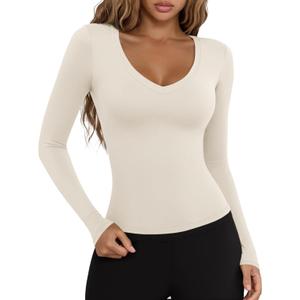 LASLULU Womens Long Sleeve Sexy V Neck T Shirts Basic Workout Tops Athletic Yoga Casual Crop Top (Large)