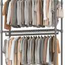BATHWA Heavy Duty Garment Rack on Wheels, Rolling Clothes Racks for hanging clothes, Simple Sturdy Wardrobe Rack with Double Hanging Rods, 8 Side Hangers, Gray (47.2"W x 17.7"D x 80.7"H)