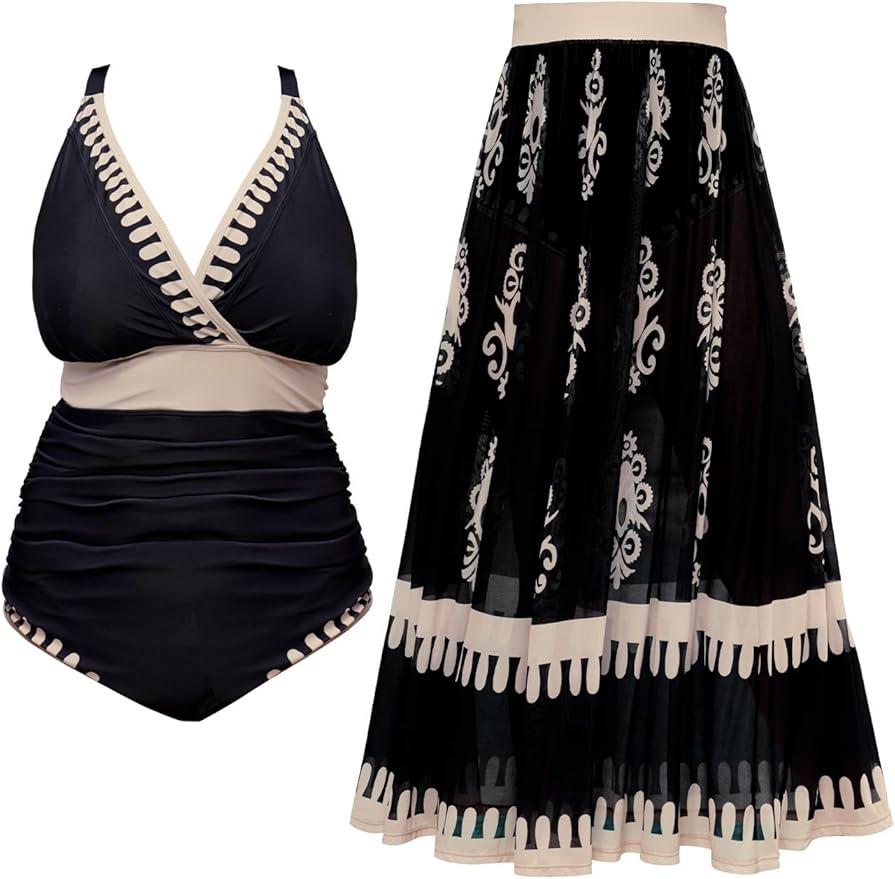 SCOMCHIC Womens Plus Size One Piece Swimsuit Tummy Control Bathing Suit Floral Prints Curvy Mesh Swim Skirt, XXL