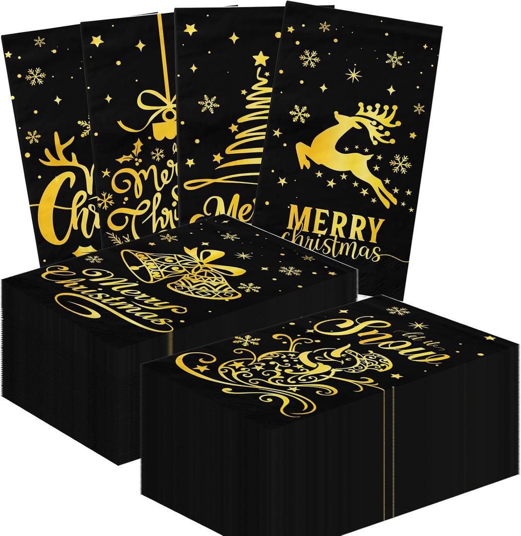 Christmas Cocktail Napkins,40pcs Black and Gold Christmas Paper Napkins Winter Napkins for Winter Holiday Christmas Bathroom Decoration
