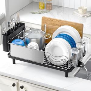 Urackify Stainless Steel Dish Drying Rack - Large Capacity Kitchen Counter Organizer with Drain Board, Utensil Holder & Detachable Cup Shelf, Surgical-Grade Rust-Proof Dish Drainer, Easy Assembly (Black)