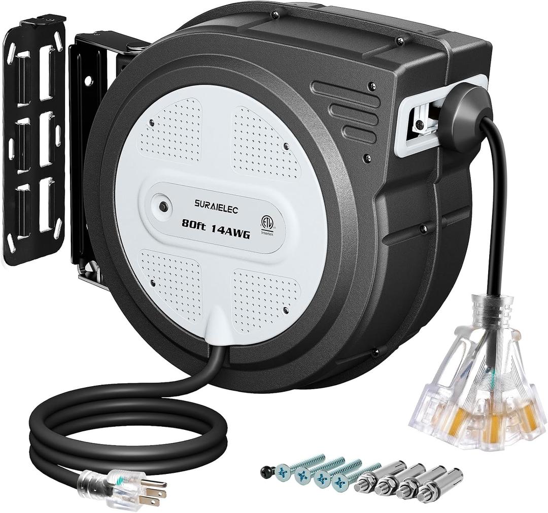 SURAIELEC 80FT Retractable Extension Cord Reel, 14 AWG, ETL Listed, Grey