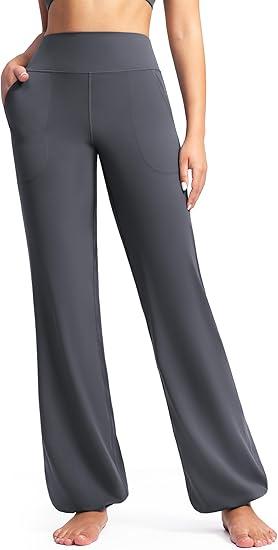 POSHDIVAH Women's Creamluxe Elastic Bottoms Straight Leg Sweatpants High Waisted Casual Pants Yoga Athletic Joggers with Pockets 29" Grey X-Large