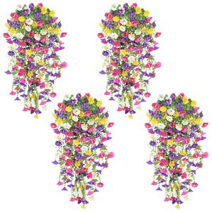 4PCS Artificial Hanging Flowers for Outdoors Summer Decoration, Fake Hanging Plants Faux Petunias with Eucalyptus, UV Resistant No Fade Plastic Realistic Silk Flowers for Porch Patio Balcony Indoor