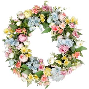 Artificial Wreath for Front Door, 16 Inch Spring Summer Wreath with Roses and Hydrangeas, Outdoor/Indoor All Season Home Decor, Farmhouse Wedding Wall Decor Gift