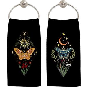 Boho Witchy Celestial Kitchen Towels, Mystical Butterfly Floral Hand Towels for Bathroom Decor, Boho Sun and Moon Witch Astrology Dish Tea Towel for Kitchen Decor, 16x24 Inch Set of 2