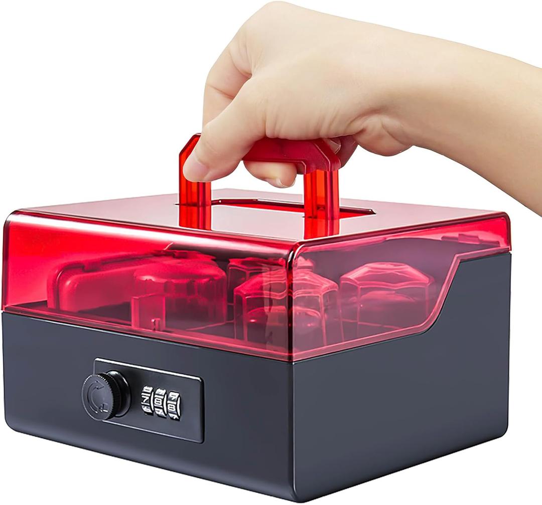 Treasure Chest Small Cash Box with Lock, Mini Change Lock Box, Cosmetics Box (Small-Red 6.6 x 6 x 4 inch) Combination Lock, Lock Safe, Jewelry Box