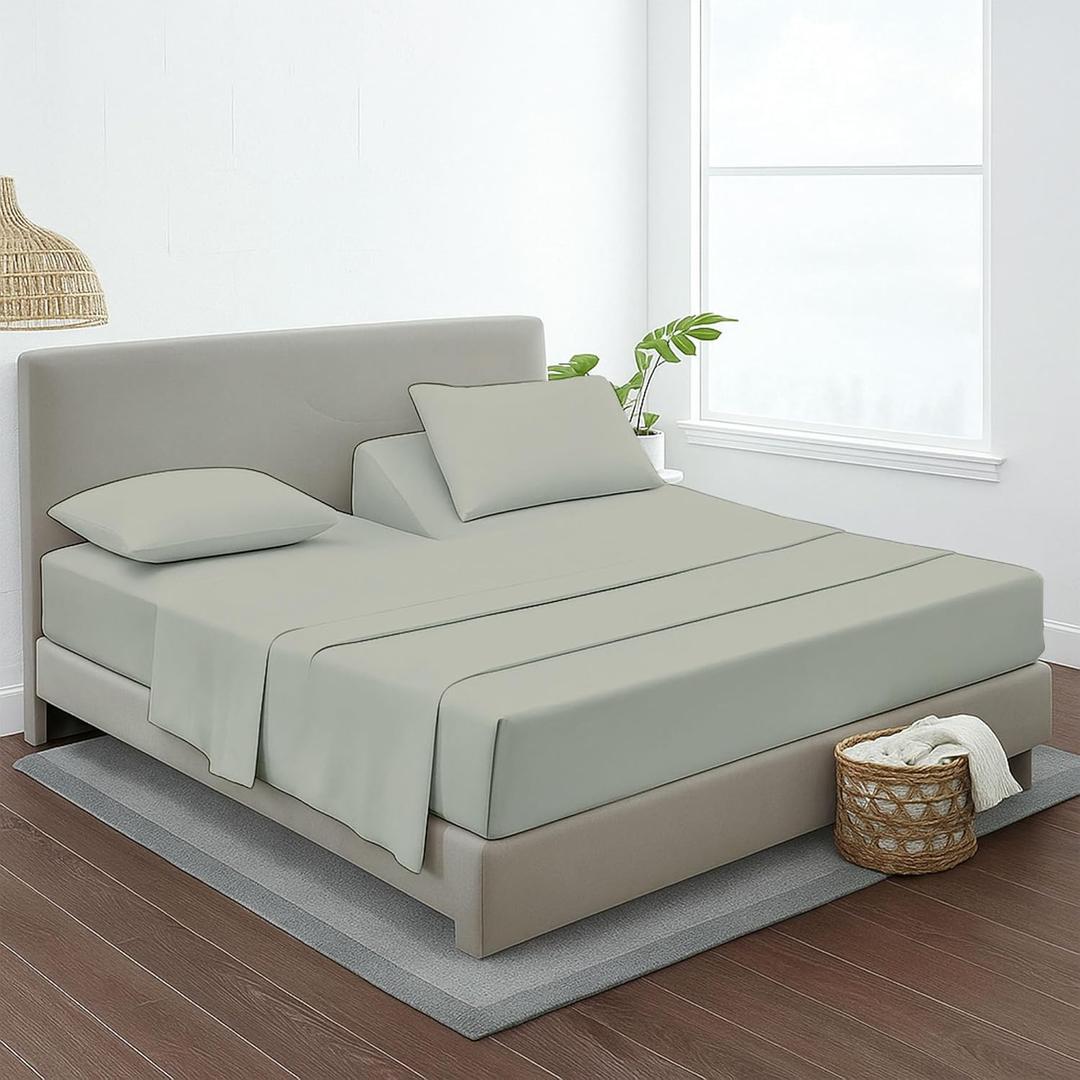 Flex Head King Sheets Sets for Adjustable Beds-Top Split King Sheets Sets (Set of 4) King 34 Inch Down Sheets Light Grey Solid 16 Inch Deep Sheets