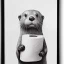 ILLBDR Bathroom Framed Wall Art Funny Bathroom Wall Art Black and White Print Humorous Minimalistic Canvas Artwork Otter Decor for Guest Toilet Framed 16"x24"